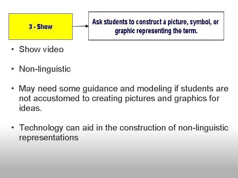  • Show video • Non-linguistic • May need some guidance and modeling if