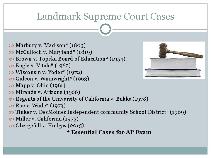 Landmark Supreme Court Cases Marbury v. Madison* (1803) Mc. Culloch v. Maryland* (1819) Brown