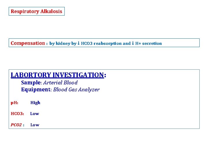 Respiratory Alkalosis Compensation : by kidney by ↓ HCO 3 reabsorption and ↓ H+