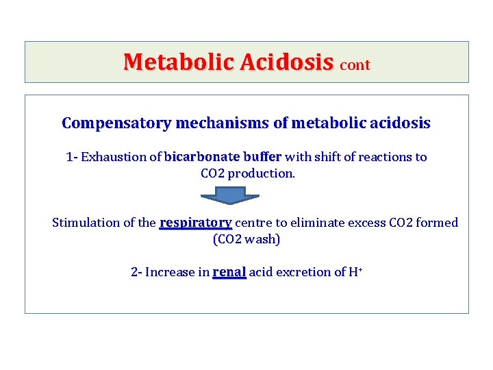 Metabolic Acidosis cont Compensatory mechanisms of metabolic acidosis 1 - Exhaustion of bicarbonate buffer
