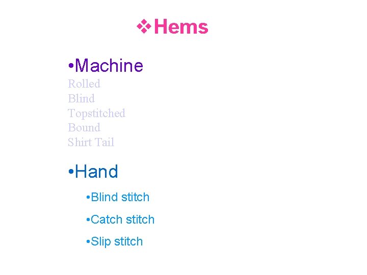 v. Hems • Machine Rolled Blind Topstitched Bound Shirt Tail • Hand • Blind