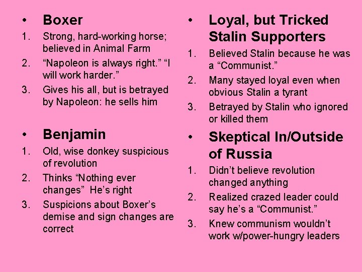  • Boxer 1. Strong, hard-working horse; believed in Animal Farm “Napoleon is always