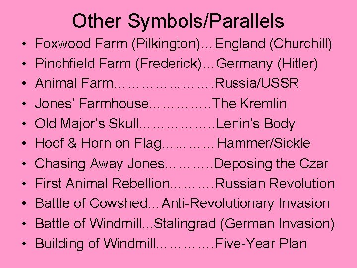 Other Symbols/Parallels • • • Foxwood Farm (Pilkington)…England (Churchill) Pinchfield Farm (Frederick)…Germany (Hitler) Animal