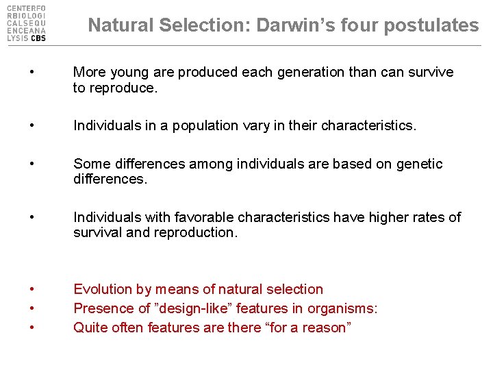 Natural Selection: Darwin’s four postulates • More young are produced each generation than can