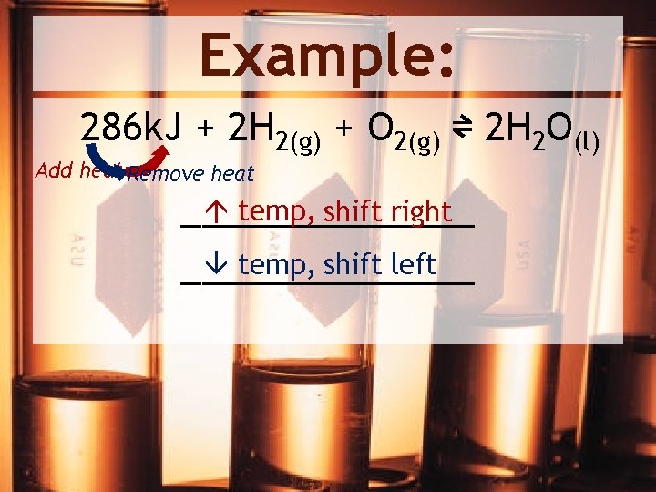 Example: 286 k. J + 2 H 2(g) + O 2(g) ⇌ 2 H