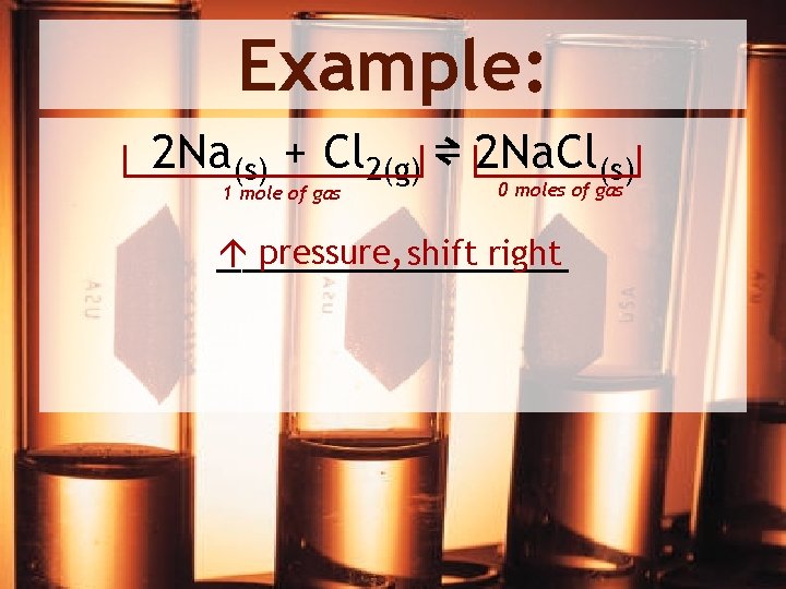 Example: 2 Na(s) + Cl 2(g) ⇌ 2 Na. Cl(s) 1 mole of gas