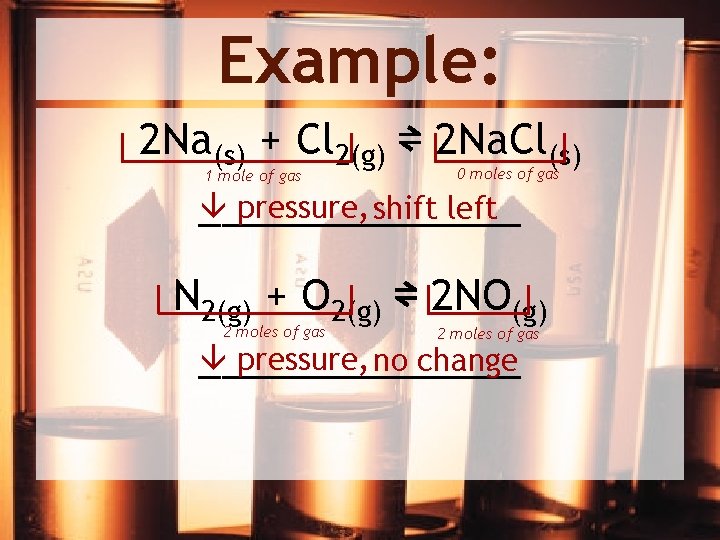 Example: 2 Na(s) + Cl 2(g) ⇌ 2 Na. Cl(s) 1 mole of gas