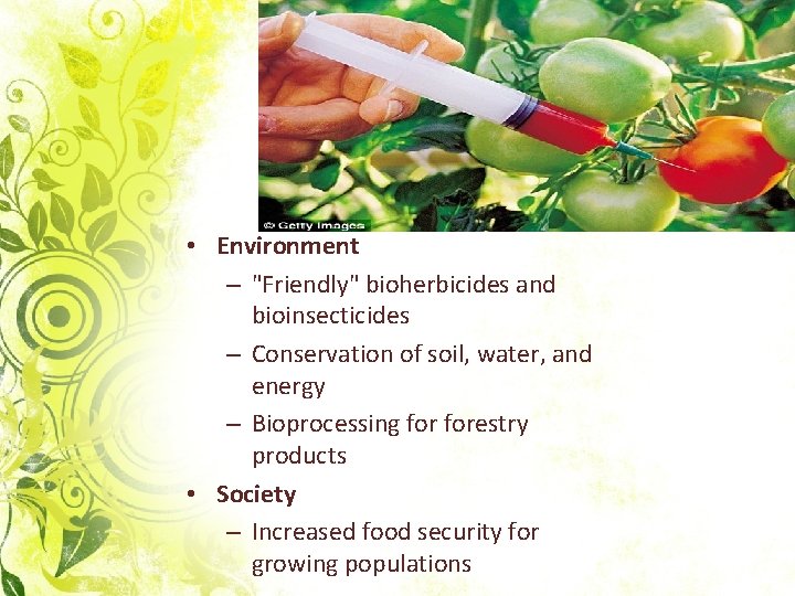  • Environment – "Friendly" bioherbicides and bioinsecticides – Conservation of soil, water, and