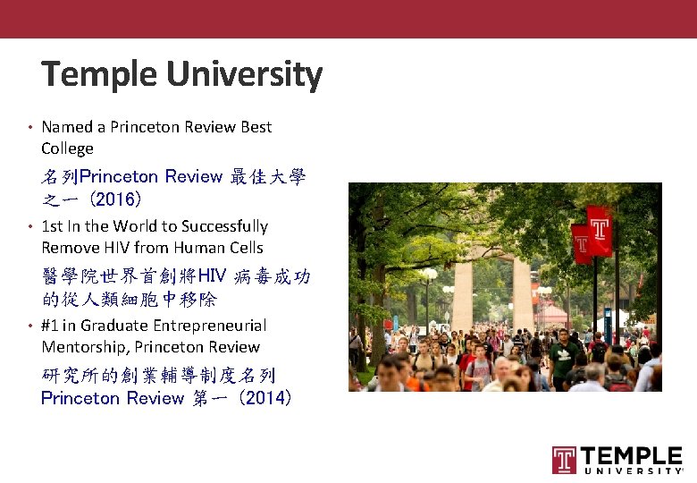 Temple University • Named a Princeton Review Best College 名列Princeton Review 最佳大學 之一 (2016)