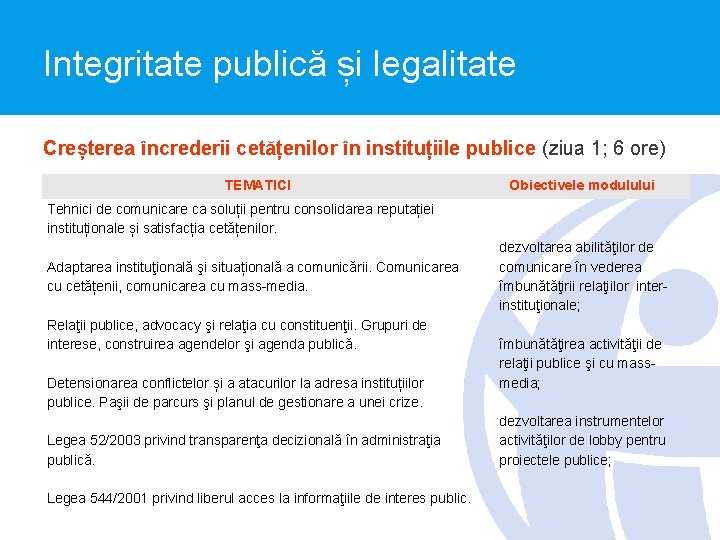 Integritate publică și legalitate Creșterea încrederii cetățenilor în instituțiile publice (ziua 1; 6 ore)