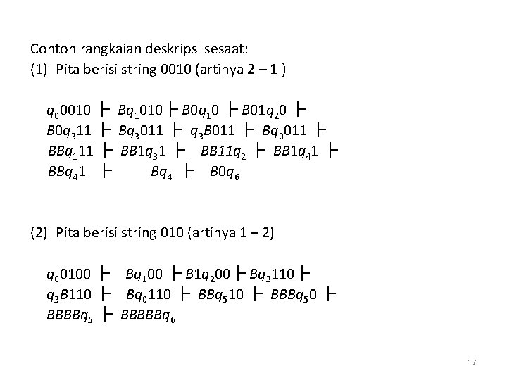 Contoh rangkaian deskripsi sesaat: (1) Pita berisi string 0010 (artinya 2 – 1 )