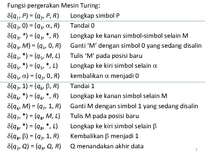 Fungsi pergerakan Mesin Turing: (q 1, P) = (q 2, P, R) Longkap simbol