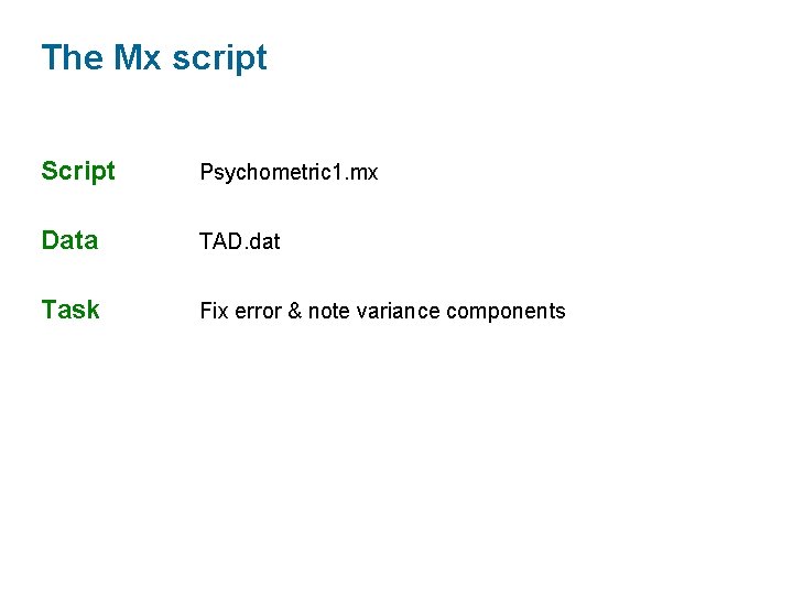 The Mx script Script Psychometric 1. mx Data TAD. dat Task Fix error &