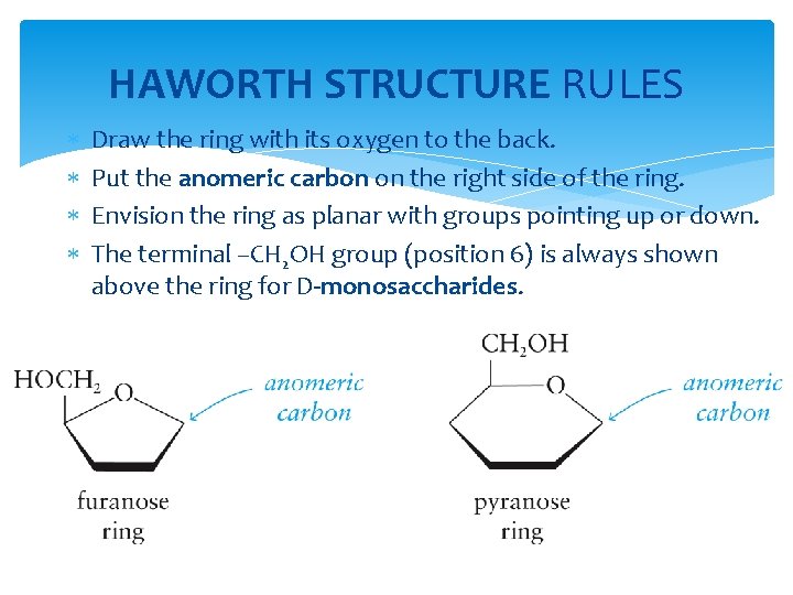 HAWORTH STRUCTURE RULES Draw the ring with its oxygen to the back. Put the