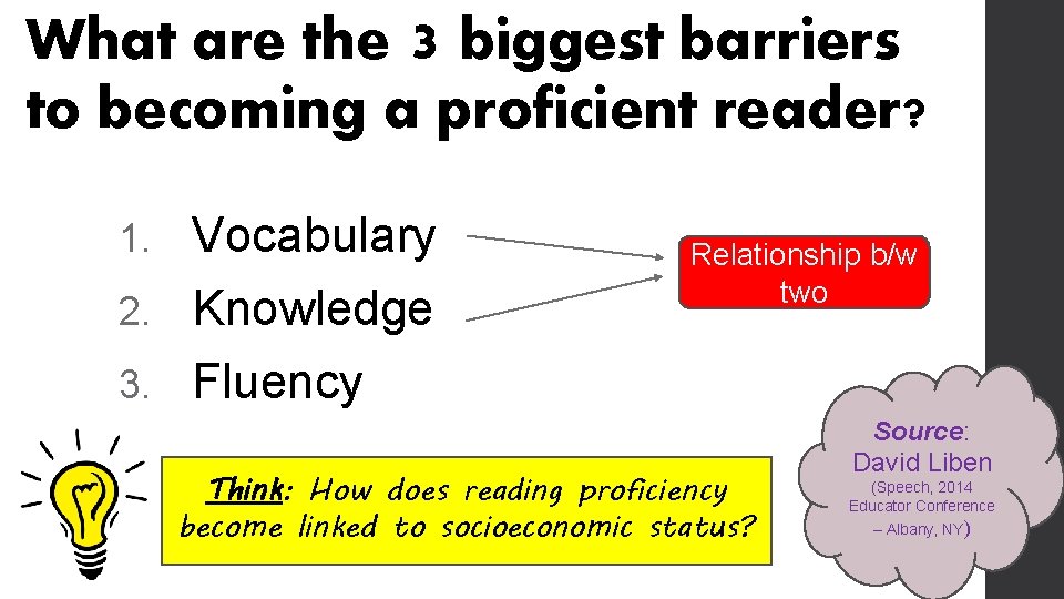 What are the 3 biggest barriers to becoming a proficient reader? 1. Vocabulary 2.