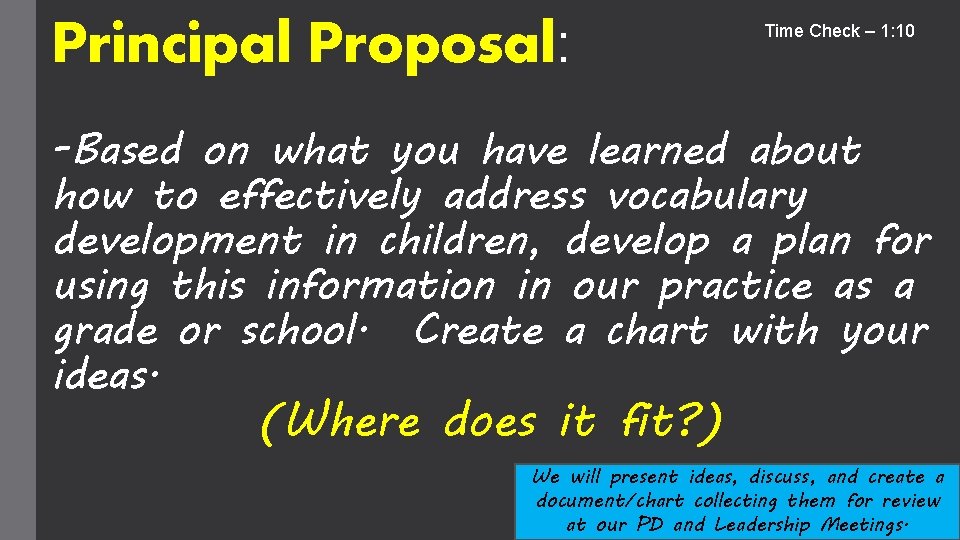 Principal Proposal: Time Check – 1: 10 -Based on what you have learned about