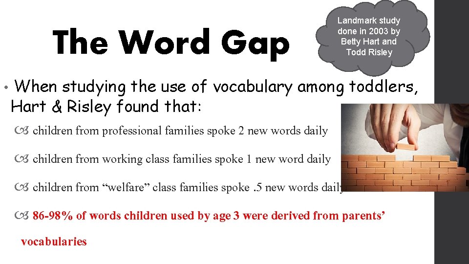 The Word Gap • Landmark study done in 2003 by Betty Hart and Todd