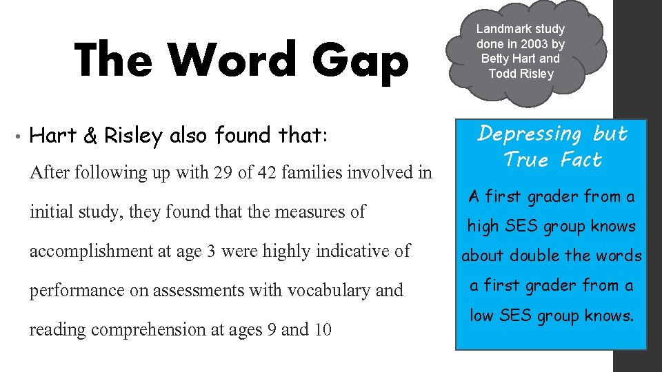 The Word Gap • Hart & Risley also found that: After following up with