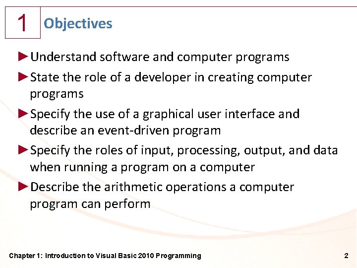 1 Objectives ►Understand software and computer programs ►State the role of a developer in