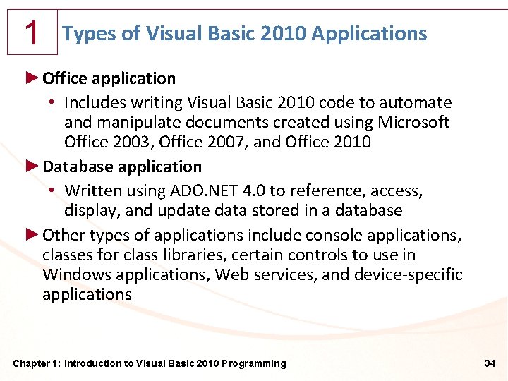 1 Types of Visual Basic 2010 Applications ►Office application • Includes writing Visual Basic