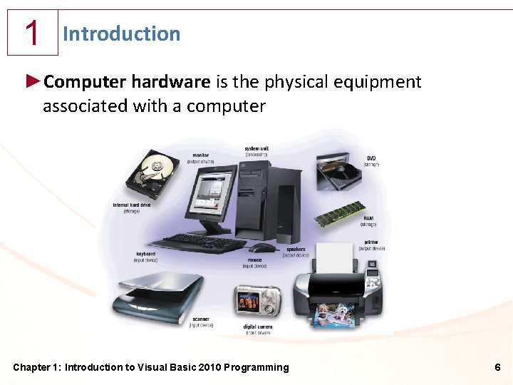 1 Introduction ►Computer hardware is the physical equipment associated with a computer Chapter 1: