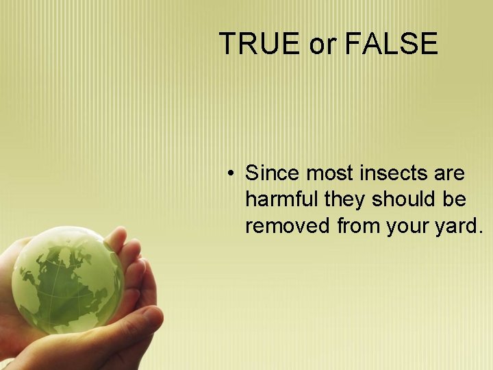 TRUE or FALSE • Since most insects are harmful they should be removed from