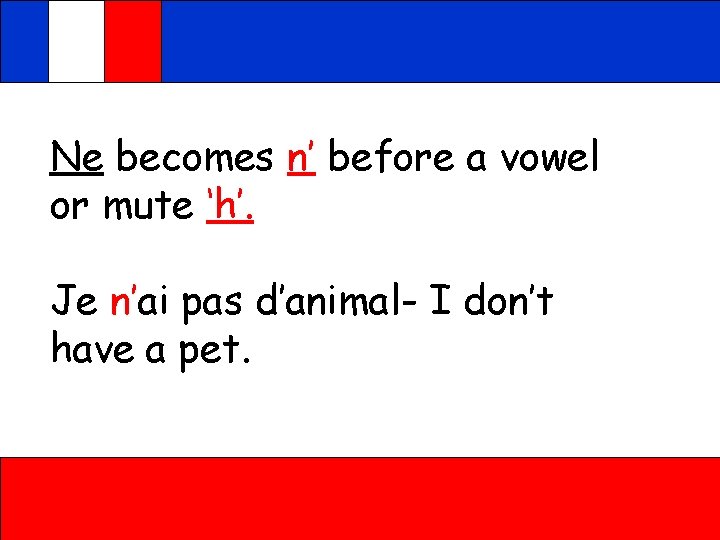 Ne becomes n’ before a vowel or mute ‘h’. Je n’ai pas d’animal- I