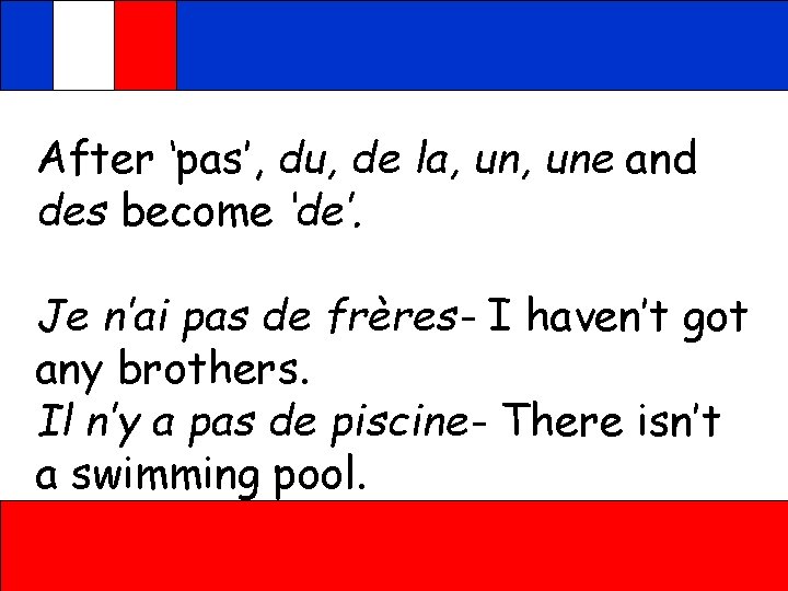 After ‘pas’, du, de la, une and des become ‘de’. Je n’ai pas de