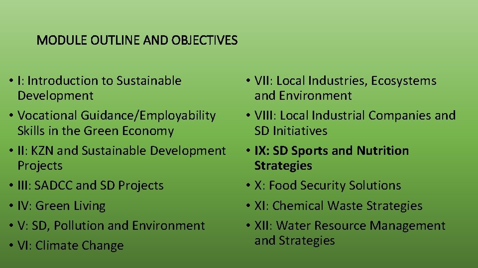 MODULE OUTLINE AND OBJECTIVES • I: Introduction to Sustainable Development • Vocational Guidance/Employability Skills