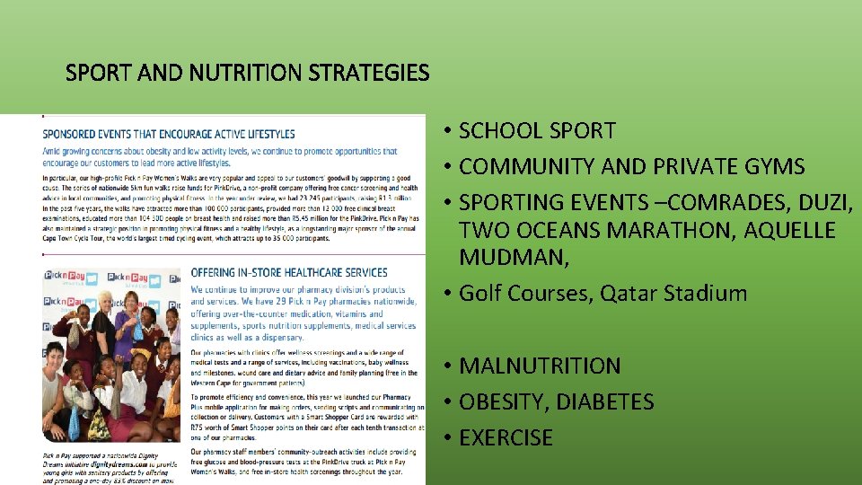 SPORT AND NUTRITION STRATEGIES • SCHOOL SPORT • COMMUNITY AND PRIVATE GYMS • SPORTING