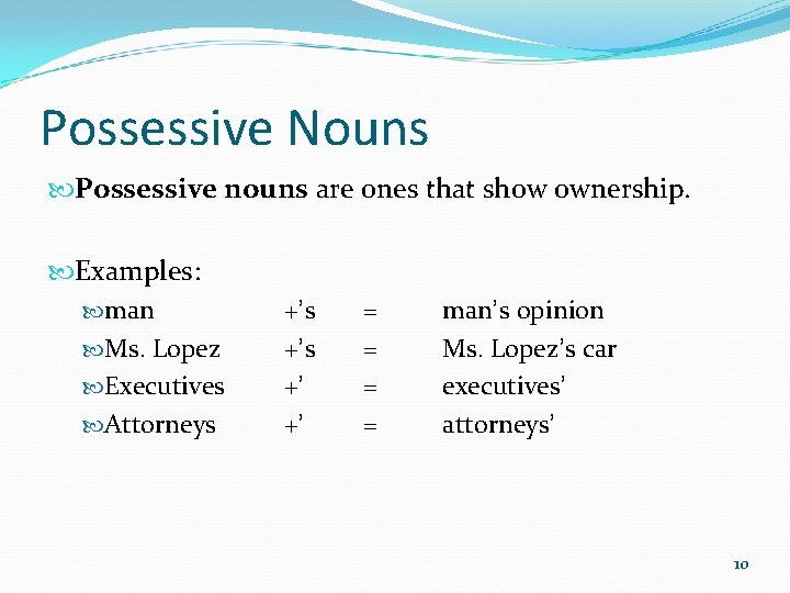 Possessive Nouns Possessive nouns are ones that show ownership. Examples: man Ms. Lopez Executives