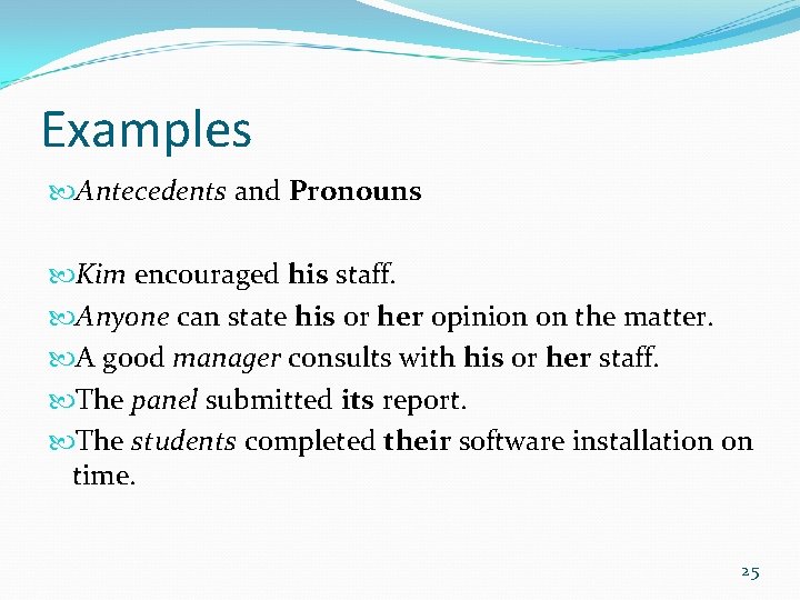 Examples Antecedents and Pronouns Kim encouraged his staff. Anyone can state his or her