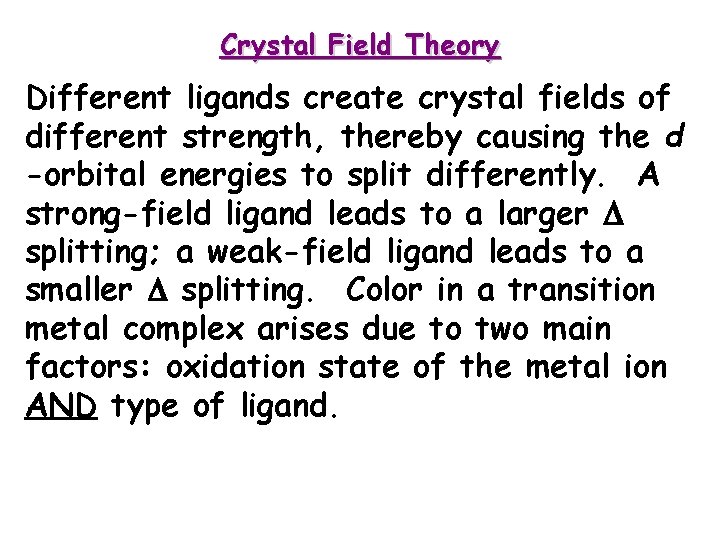 Crystal Field Theory Different ligands create crystal fields of different strength, thereby causing the