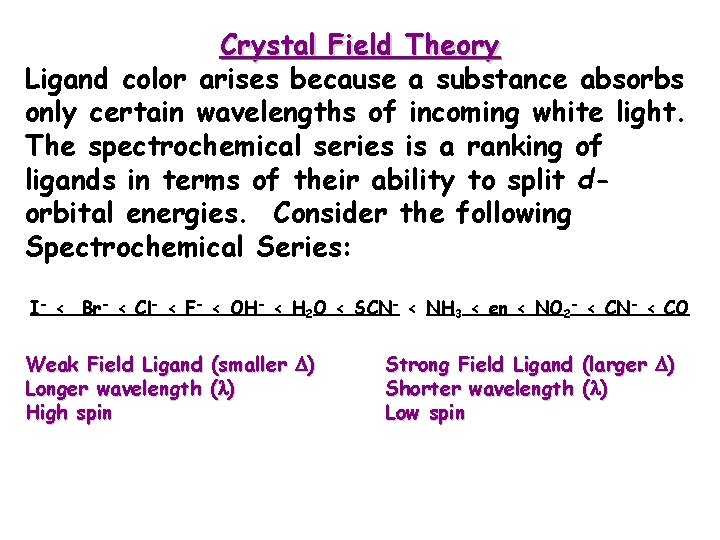 Crystal Field Theory Ligand color arises because a substance absorbs only certain wavelengths of