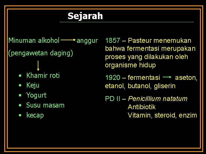 Sejarah Minuman alkohol (pengawetan daging) • • • Khamir roti Keju Yogurt Susu masam