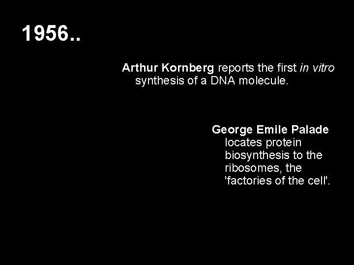 1956. . Arthur Kornberg reports the first in vitro synthesis of a DNA molecule.