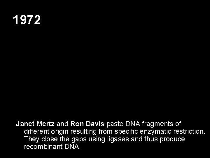 1972 Janet Mertz and Ron Davis paste DNA fragments of different origin resulting from