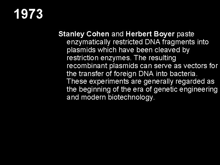 1973 Stanley Cohen and Herbert Boyer paste enzymatically restricted DNA fragments into plasmids which