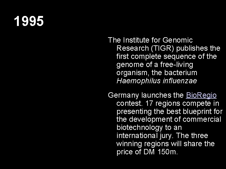 1995 The Institute for Genomic Research (TIGR) publishes the first complete sequence of the