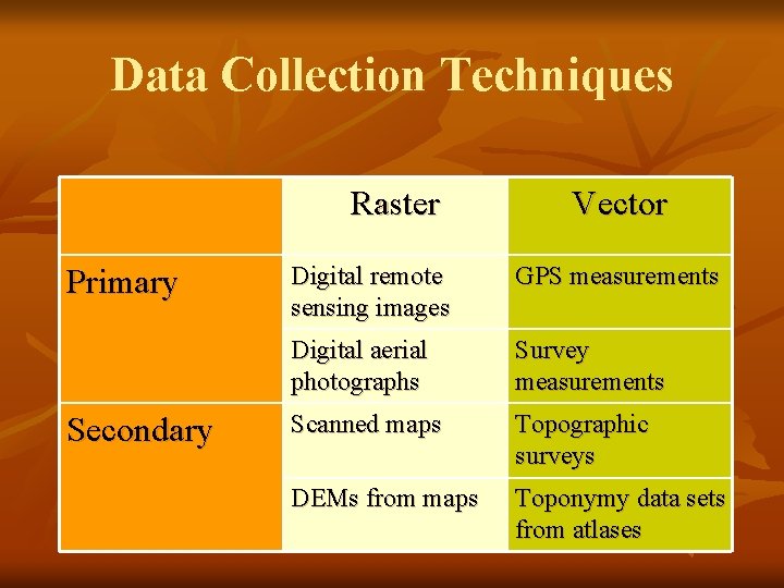 Data Collection Techniques Raster Primary Secondary Vector Digital remote sensing images GPS measurements Digital