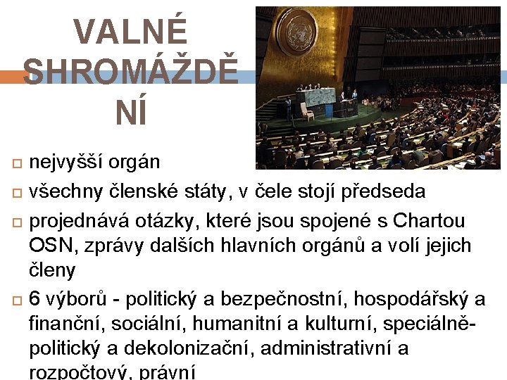 VALNÉ SHROMÁŽDĚ NÍ nejvyšší orgán všechny členské státy, v čele stojí předseda projednává otázky,