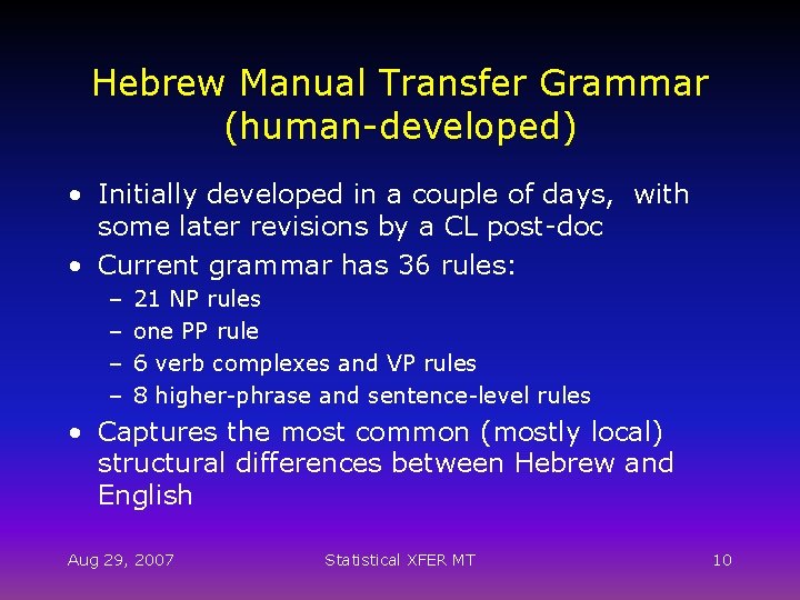 Hebrew Manual Transfer Grammar (human-developed) • Initially developed in a couple of days, with