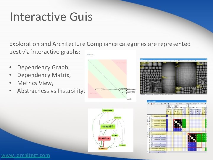 Interactive Guis Exploration and Architecture Compliance categories are represented best via interactive graphs: •