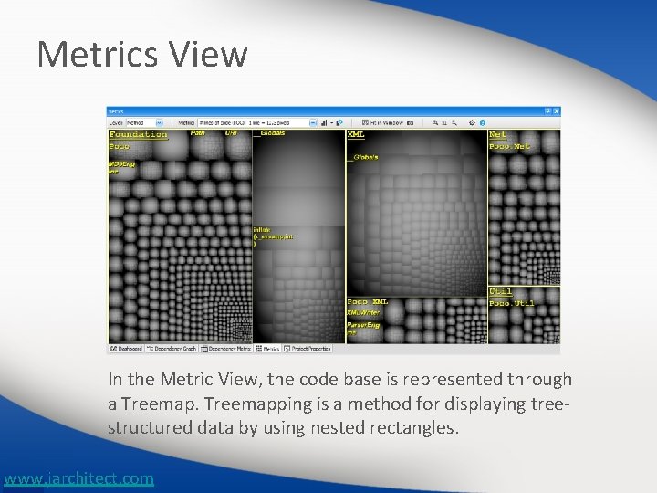 Metrics View In the Metric View, the code base is represented through a Treemapping