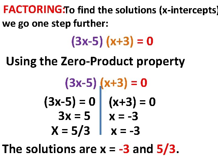 FACTORING: To find the solutions (x-intercepts) we go one step further: (3 x-5) (x+3)