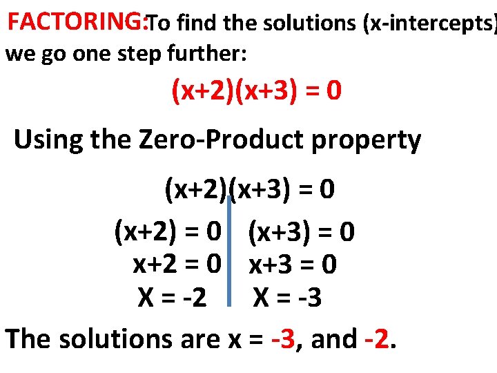 FACTORING: To find the solutions (x-intercepts) we go one step further: (x+2)(x+3) = 0