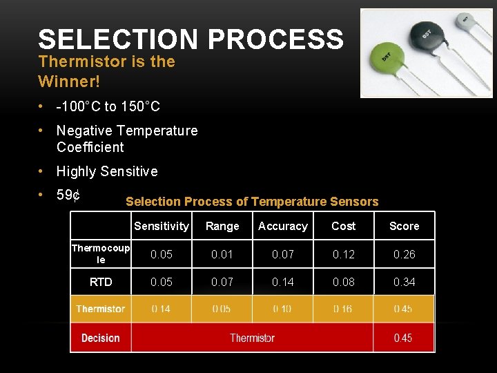 SELECTION PROCESS Thermistor is the Winner! • -100°C to 150°C • Negative Temperature Coefficient