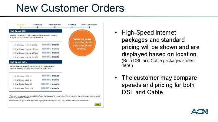 New Customer Orders • High-Speed Internet packages and standard pricing will be shown and