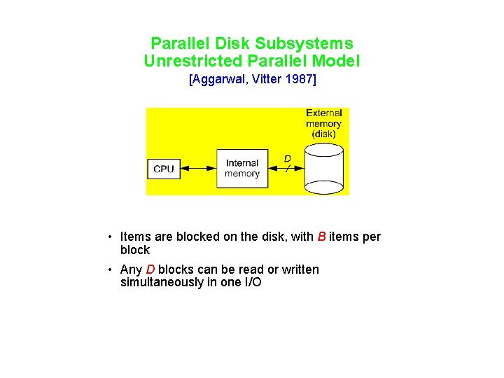 Parallel Disk Subsystems Unrestricted Parallel Model [Aggarwal, Vitter 1987] • Items are blocked on