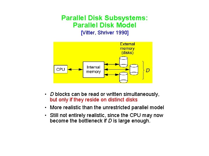 Parallel Disk Subsystems: Parallel Disk Model [Vitter, Shriver 1990] • D blocks can be